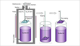Schematic of the GaN crystal growth technique using the Flux-Film-Coated Liquid Phase Epitaxy (FFC-LPE) technique