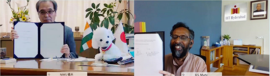 "Figure. Snapshots of Professor Hashimoto (President of NIMS, left) and Professor Murty (Director of IITH, right) (The online signing ceremony for the joint research center installation contract)" Image